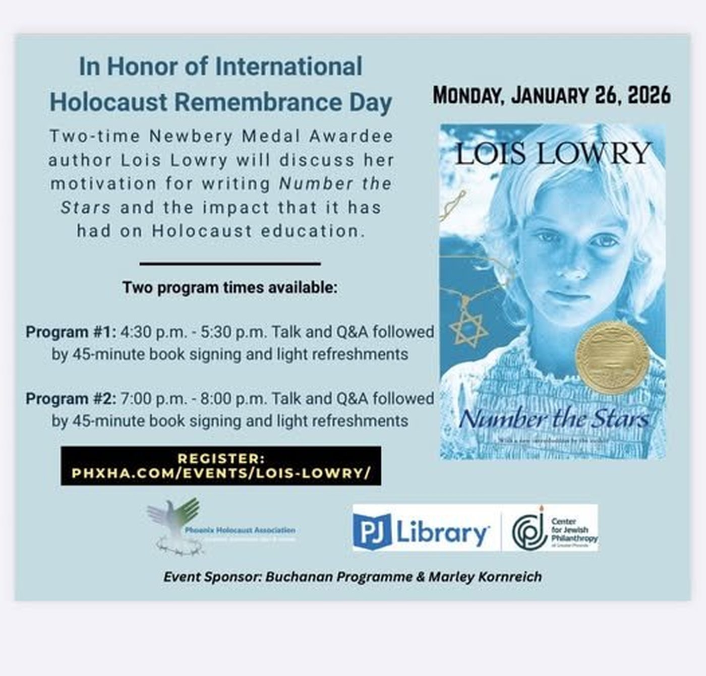 Lois Lowry event flyer — In Honor of International Holocaust Remembrance Day